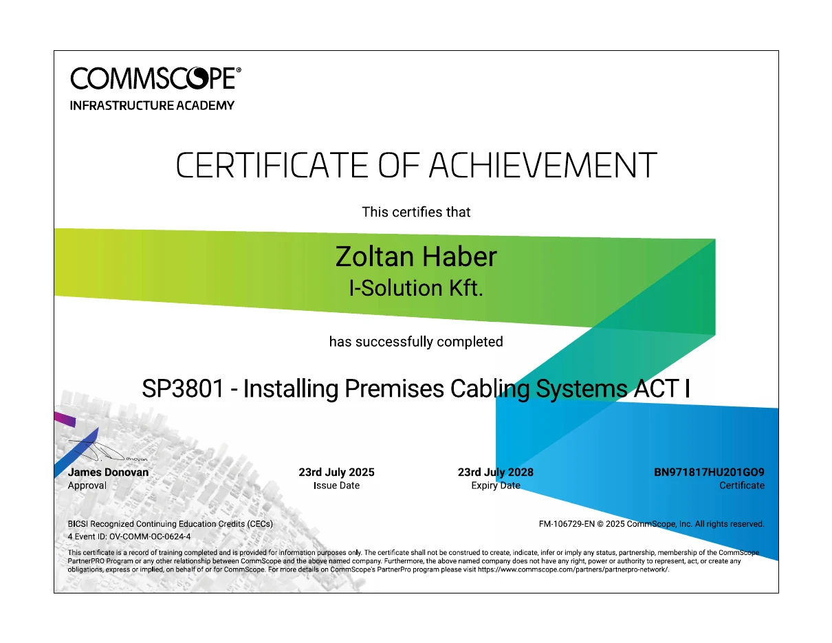 CommScope Infrastructure Academy képesítés – Háber Zoltán, I-Solution Kft.